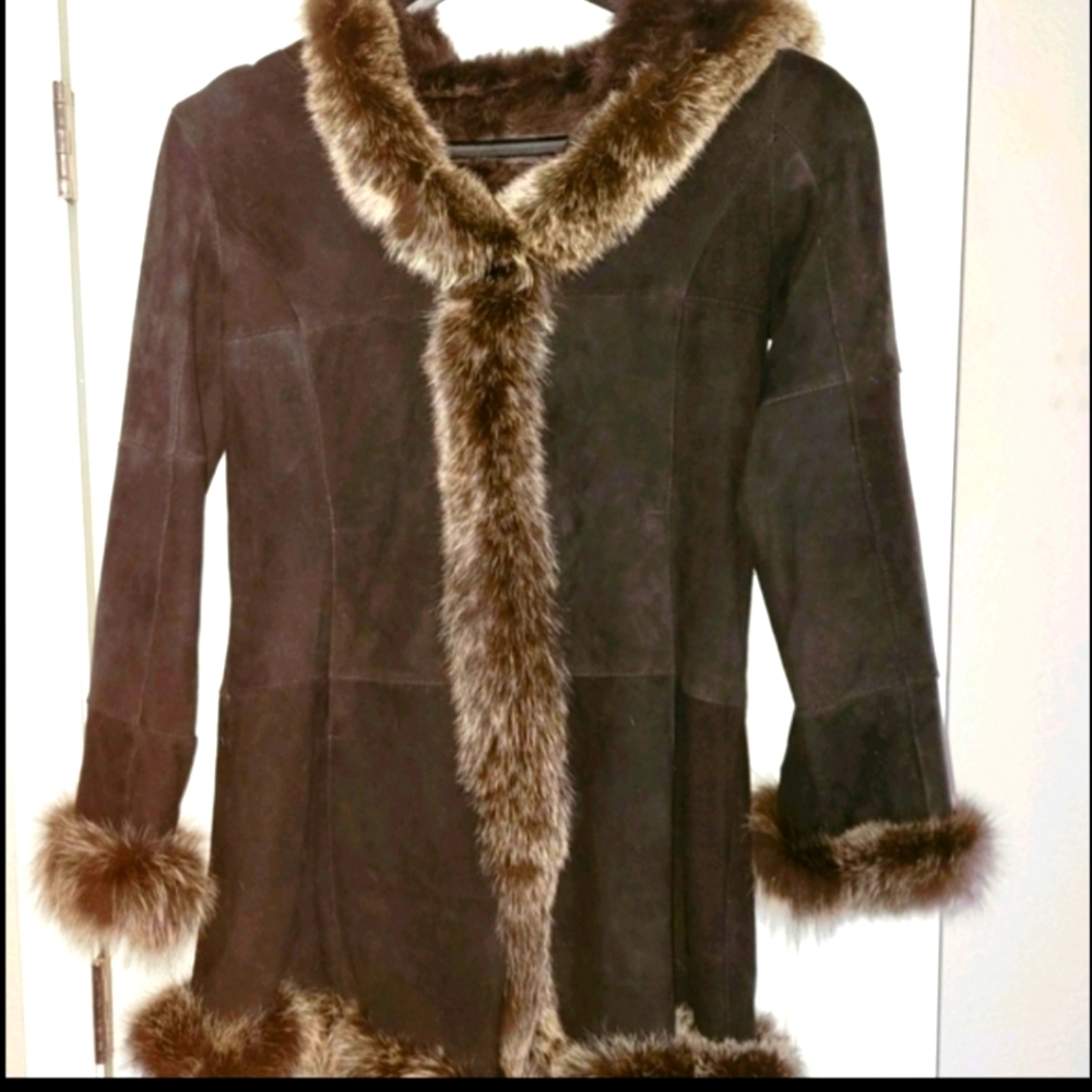 Elegant Brown Suede W Rabbit Fur